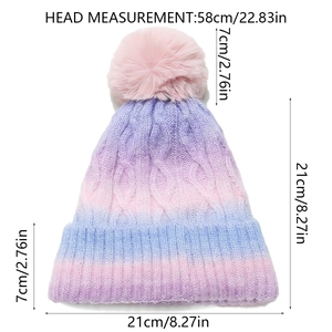 Detailed size chart for gradient knit beanie with pink pom-pom and dimensions