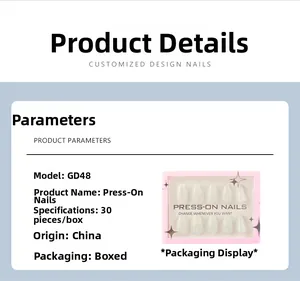 Detail view of white press-on nails packaging showing specifications for GD48 model