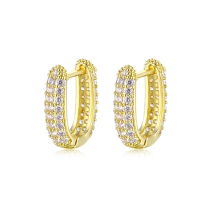 Elegant gold U-shape earrings with triple rows of pavé zircons on a white background