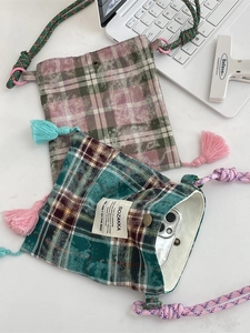Retro plaid tweed mini crossbody phone bags with tassel decor and woven straps