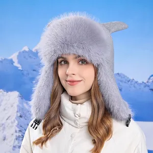 Deep grey faux fox fur Ushanka hat with ear flaps and decorative ears for winter warmth