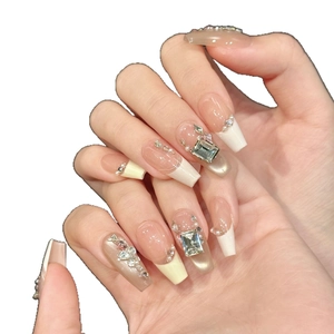 Handmade long trapezoid cat-eye pink press-on nails with diamonds and French tips
