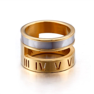 Golden double-layer stainless steel ring with white shell inlay and Roman numerals