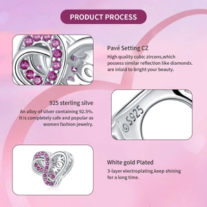 Detail showing S925 sterling silver heart charm with pink cubic zirconia and MOM engraving