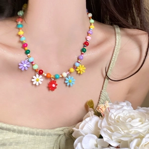 Colorful Seed Bead Necklace With Acrylic Daisy Flower Pendants Sweet Cute Dopamine Style Holiday Jewelry For Women