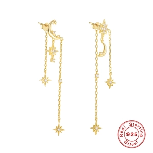 S925 sterling silver tassel earrings with gold star and moon charms and CZ accents