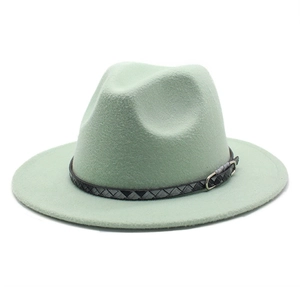 Mint green wool fedora hat with black woven belt and silver buckle for men and women