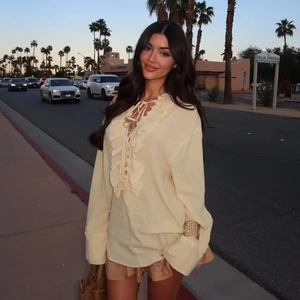 Women Long Sleeve Chiffon Blouse Pleated Ruffle Trim Tie Front V Neck Sweet Elegant Top Hollow Out Cuffs Light Yellow