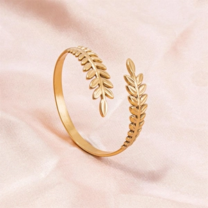 Stainless Steel Open Bangle Bracelet Leaf Wheat Design C-Shaped Adjustable Geometric Fashion Jewelry For Women