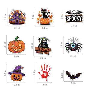 Detailed grid of Halloween stickers showing sizes for pumpkin, ghost, and cat designs