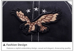 Close-up of three stars and eagle embroidery detail on the black cotton baseball cap