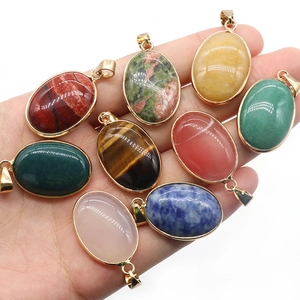 Oval natural agate gemstone pendants with gold plated edges in various colors