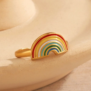 Rainbow enamel stainless steel open ring with colorful drip oil in a golden finish