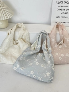 Women Sweet Embroidered Floral Tote Bag Lace Bow Soft Polyester Handbag Large Capacity Literary Fresh Shoulder Bag Every Day Dating
