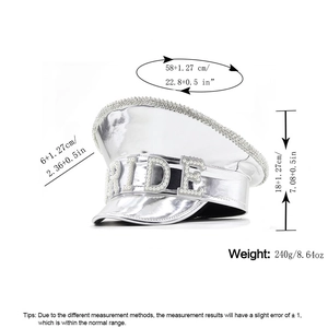 Detail view of silver metallic captain hat with BRIDE pearl lettering and rhinestone brim