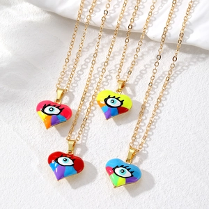 Heart Evil Eye Pendant Necklace Copper Colorful Enamel Vintage Ethnic Jewelry For Women