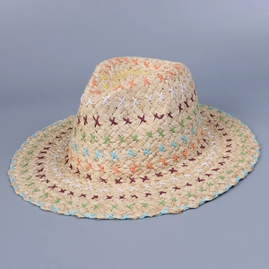 Raffia Straw Fedora Hat For Women Colorful X Stitching Handmade Woven Wide Brim Summer Beach Sun Protection Bohemian