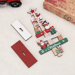 DIY painted wooden Christmas tree ornament with tiered beams and festive red white base