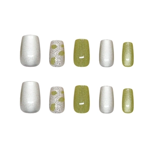 Handmade press-on nails in sheer green cat-eye and silver glitter square oval shape