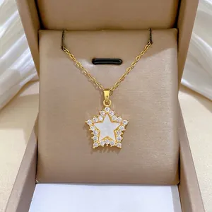 Star Pendant Necklace Gold Plated Stainless Steel Chain Copper Zircon Shell Inlay Elegant Clavicle Chain Jewelry For Women