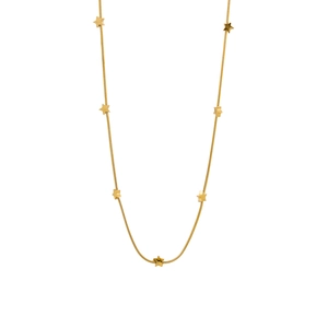 Vertical shot of gold snake chain necklace featuring multiple solid star pendants