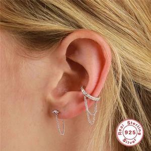 S925 sterling silver double layer chain tassel earrings with cubic zirconia on model