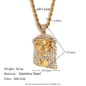 18K gold plated stainless steel Jesus pendant necklace with iced-out crystals and twist chain