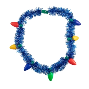 Blue tinsel garland necklace with large colorful LED bulbs and green battery box controller