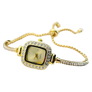 Elegant gold square quartz watch for women featuring a sparkling diamond bezel and bracelet