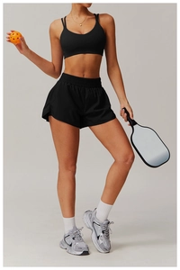 Short de sport 2-en-1 noir pour femme à séchage rapide avec taille haute et poche latérale
