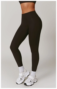 Detailed side view of high-waisted dark coffee yoga pants showing body shaping effect