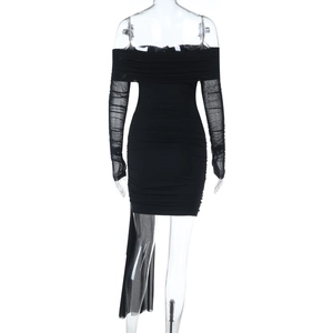 Detail of black off-shoulder bodycon dress with sheer mesh sleeves and side draping