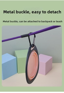 Pink silicone folding pet bowl with metal carabiner clip for outdoor travel and hiking