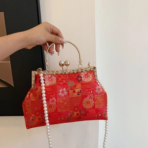 Luxurious red silk embroidery evening bag with pearl chain and vintage metal handle