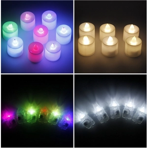 Macro detail of multicolor LED candle lights and capsule night lights in various hues