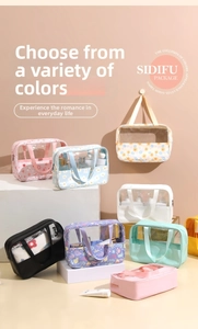 Detail of waterproof transparent toiletry bags with floral prints and PU leather handles