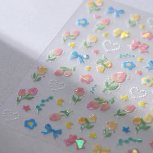Iridescent 3D floral nail stickers with holographic tulip and heart designs