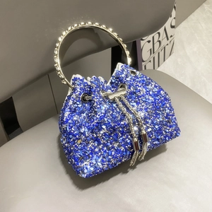 Blue rhinestone bucket bag with golden round handles and metal chain tassels for women