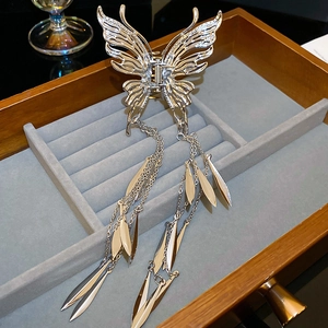 Vue détaillée de la pince à cheveux papillon argentée avec longs pompons et pendentifs