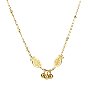 Elegant gold titanium necklace featuring a hollow fish pendant and small gold beads