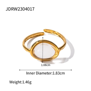 Minimalist 18k gold plated stainless steel ring with white jelly oval stone for women