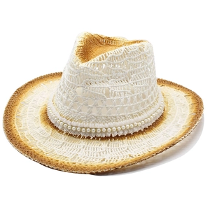 Handgewebter Stroh-Cowboyhut mit weißer Krone, Perlenband und hellbrauner Krempe