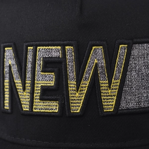 Flat brim baseball cap featuring detailed 3D NEW letter embroidery in black cotton