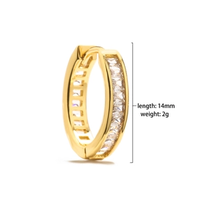Detail view of 14mm gold hoop earrings with channel-set baguette cubic zirconia stones