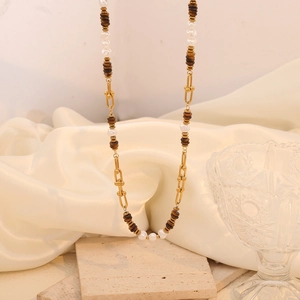 Retro double-layer gold chain necklace with brown tiger eye beads and white pearls