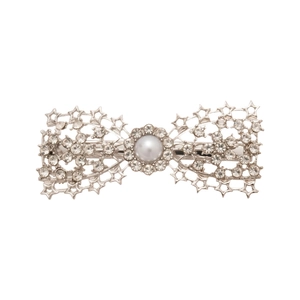 Silver bow hair clip with hollow stars, sparkling rhinestones and a central pearl accent