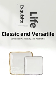 Detailed view of white ceramic square plates with gold beaded edges and polished glaze