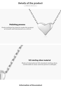 Macro shot of 925 sterling silver heart necklace showing polished surface and craftsmanship