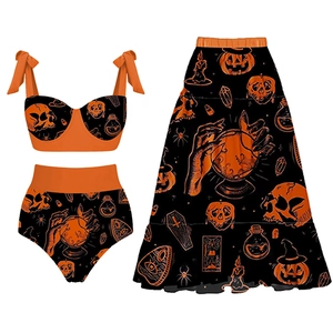 Ensemble maillot de bain 3 pièces Halloween avec imprimés citrouille et crâne