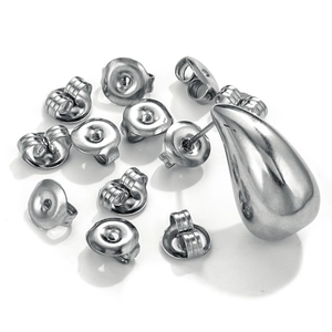 Silver stainless steel butterfly earring backs and water drop earring set on white background